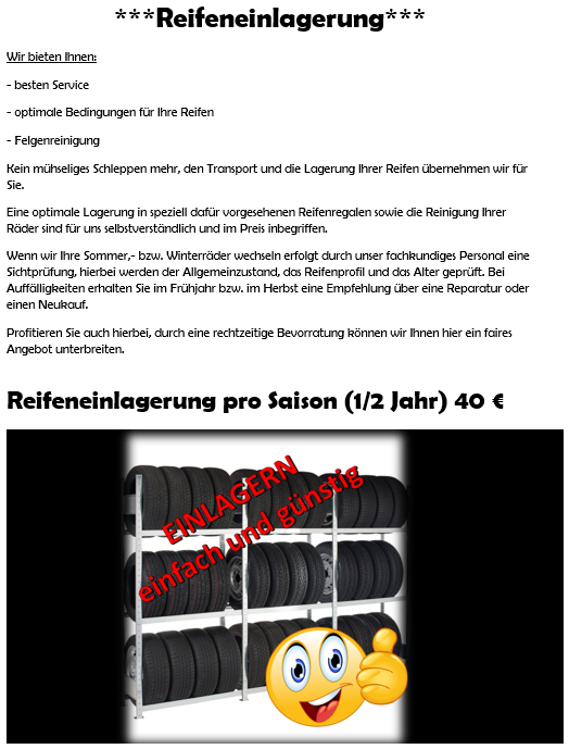 Information zur Reifeneinlagerung